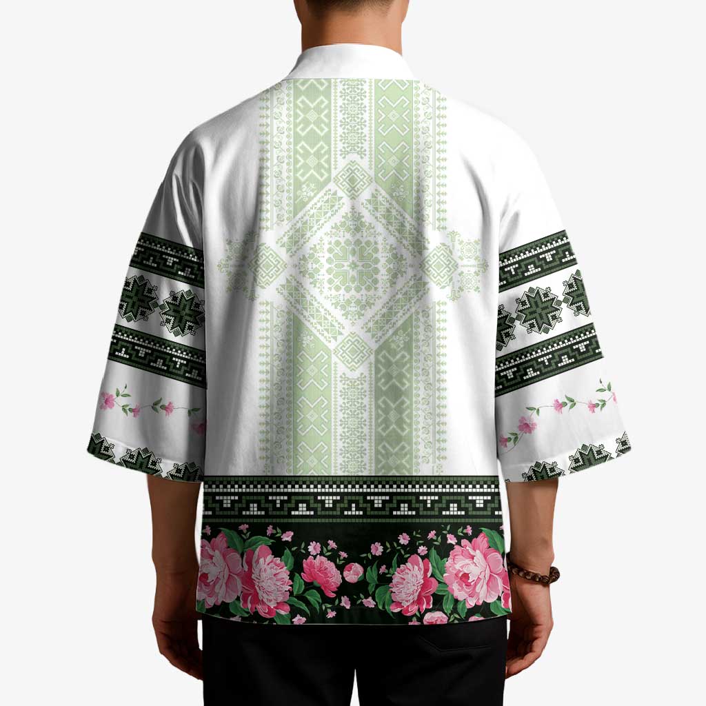 Green Romanian National Costume Kimono Peony Flowers Traditional Folk Pattern - Wonder Print Shop