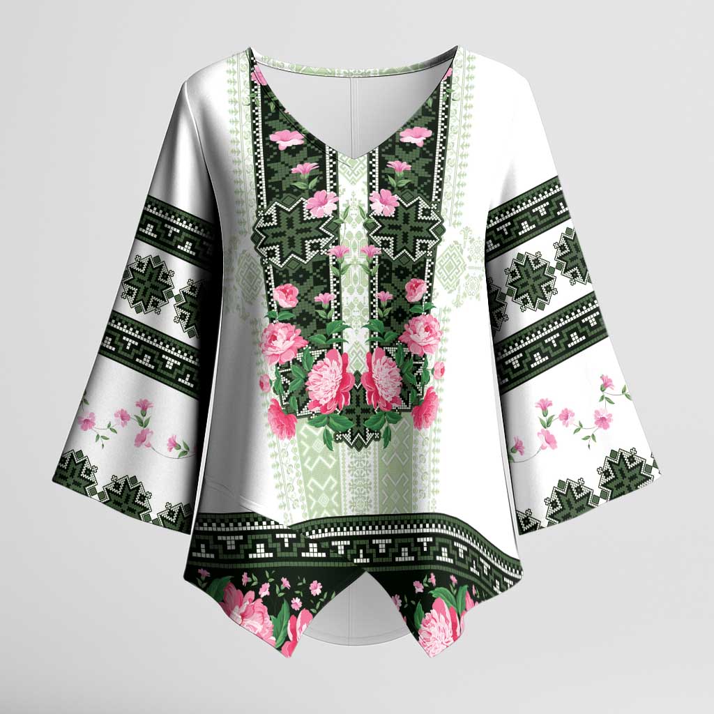 Green Romanian National Costume Kimono Sleeve Blouse Peony Flowers Traditional Folk Pattern - Wonder Print Shop