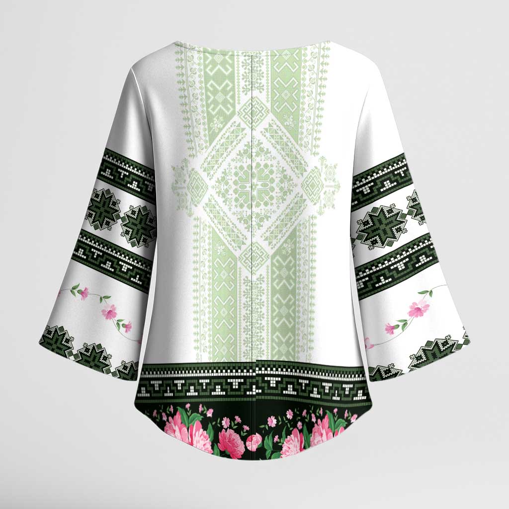 Green Romanian National Costume Kimono Sleeve Blouse Peony Flowers Traditional Folk Pattern - Wonder Print Shop