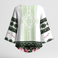 Green Romanian National Costume Kimono Sleeve Blouse Peony Flowers Traditional Folk Pattern - Wonder Print Shop