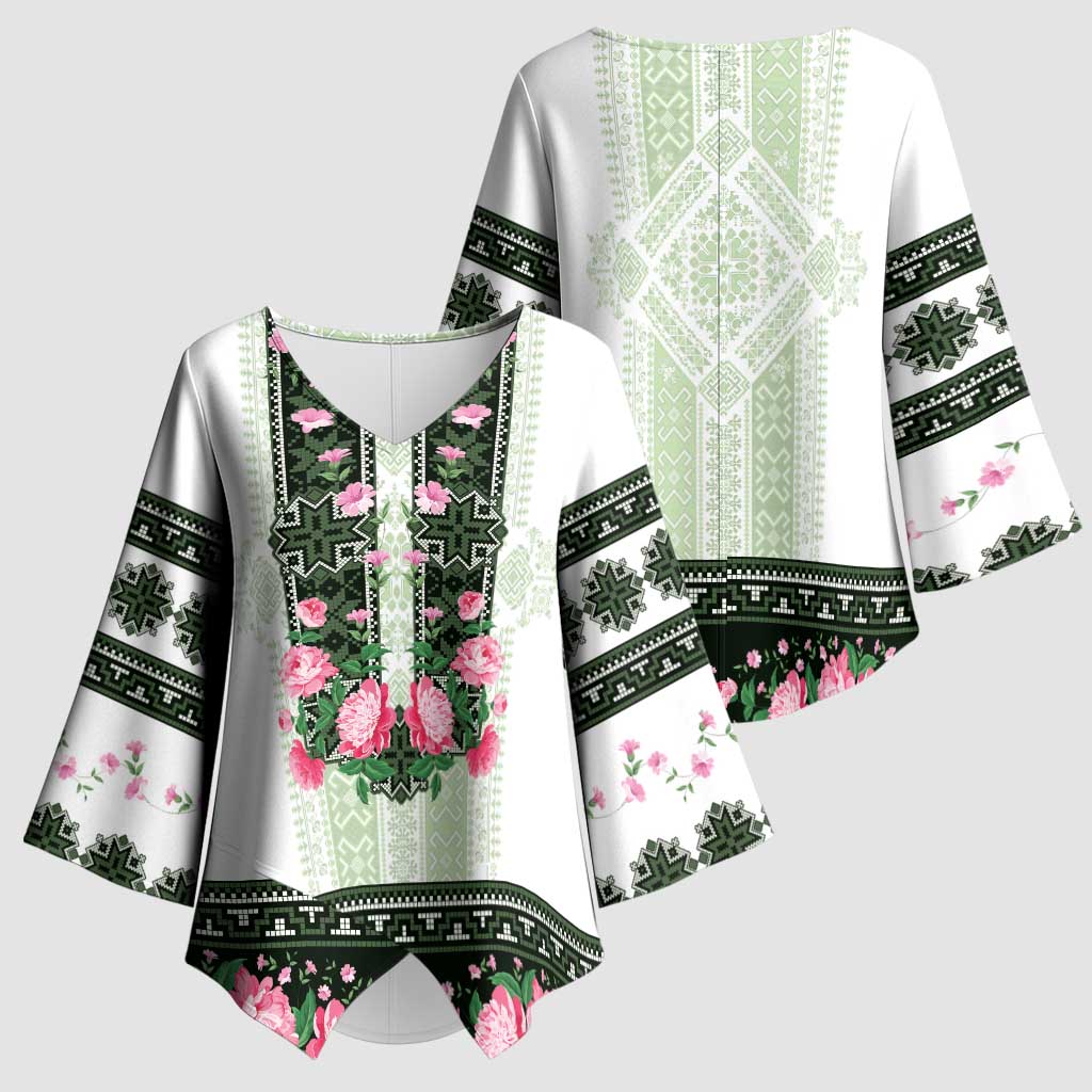 Green Romanian National Costume Kimono Sleeve Blouse Peony Flowers Traditional Folk Pattern - Wonder Print Shop