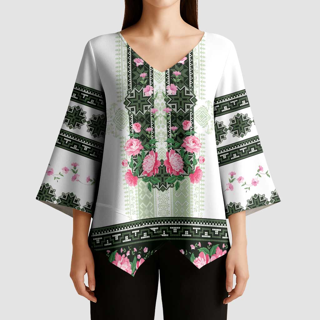 Green Romanian National Costume Kimono Sleeve Blouse Peony Flowers Traditional Folk Pattern - Wonder Print Shop