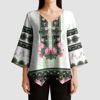 Green Romanian National Costume Kimono Sleeve Blouse Peony Flowers Traditional Folk Pattern - Wonder Print Shop