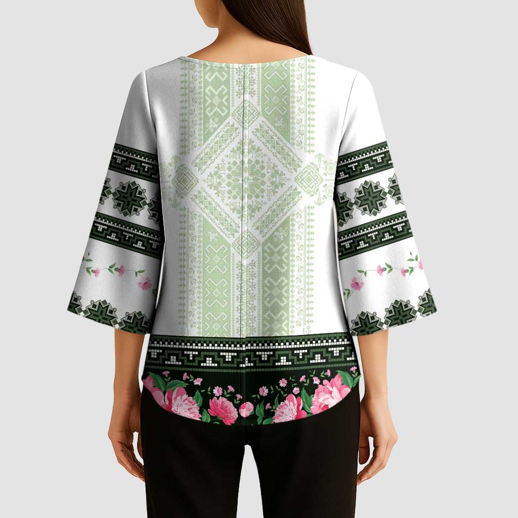 Green Romanian National Costume Kimono Sleeve Blouse Peony Flowers Traditional Folk Pattern - Wonder Print Shop
