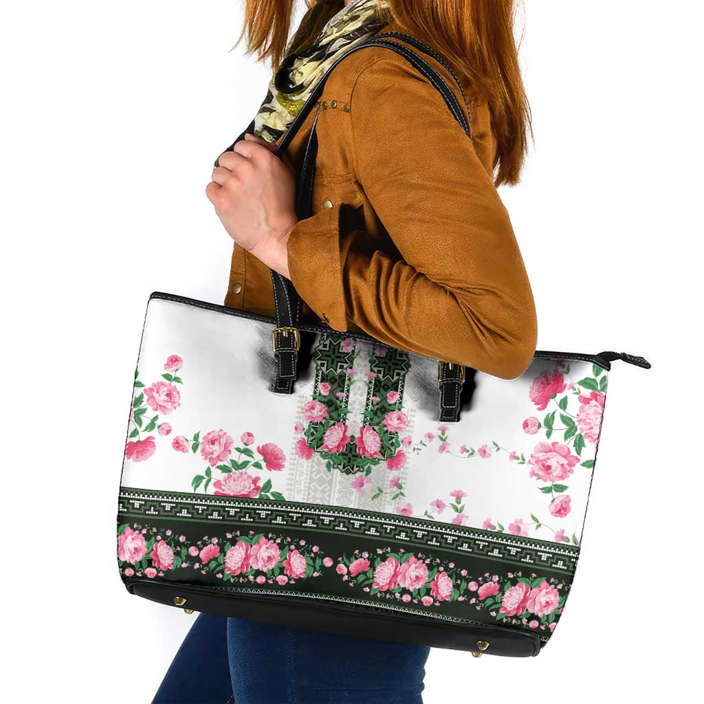 Green Romanian National Costume Leather Tote Bag Peony Flowers Traditional Folk Pattern - Wonder Print Shop