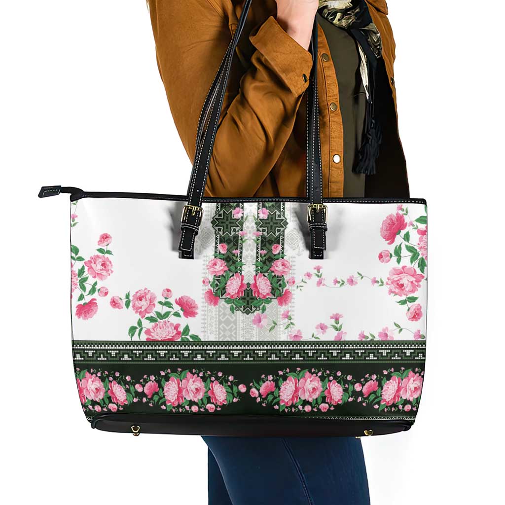 Green Romanian National Costume Leather Tote Bag Peony Flowers Traditional Folk Pattern - Wonder Print Shop