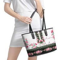 Green Romanian National Costume Leather Tote Bag Peony Flowers Traditional Folk Pattern - Wonder Print Shop