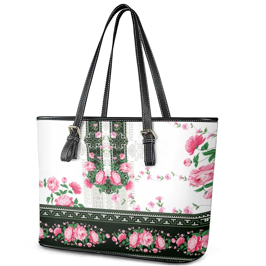 Green Romanian National Costume Leather Tote Bag Peony Flowers Traditional Folk Pattern - Wonder Print Shop