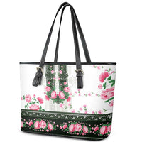 Green Romanian National Costume Leather Tote Bag Peony Flowers Traditional Folk Pattern - Wonder Print Shop