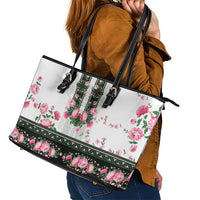 Green Romanian National Costume Leather Tote Bag Peony Flowers Traditional Folk Pattern - Wonder Print Shop