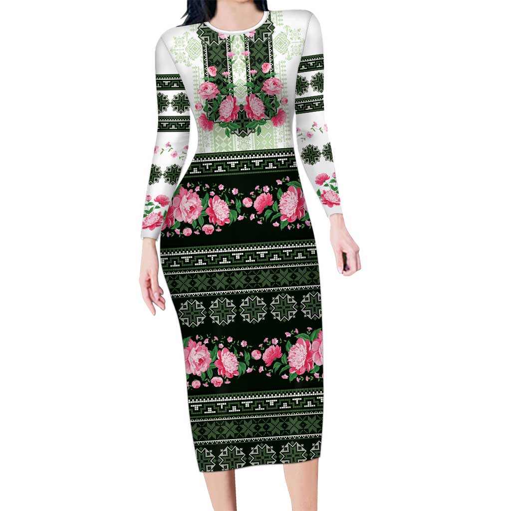 Green Romanian National Costume Long Sleeve Bodycon Dress Peony Flowers Traditional Folk Pattern - Wonder Print Shop