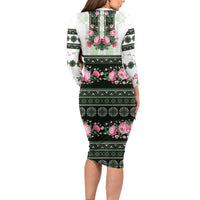 Green Romanian National Costume Long Sleeve Bodycon Dress Peony Flowers Traditional Folk Pattern - Wonder Print Shop