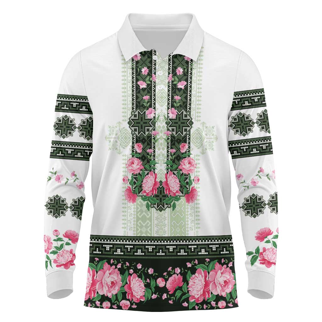 Green Romanian National Costume Long Sleeve Polo Shirt Peony Flowers Traditional Folk Pattern - Wonder Print Shop