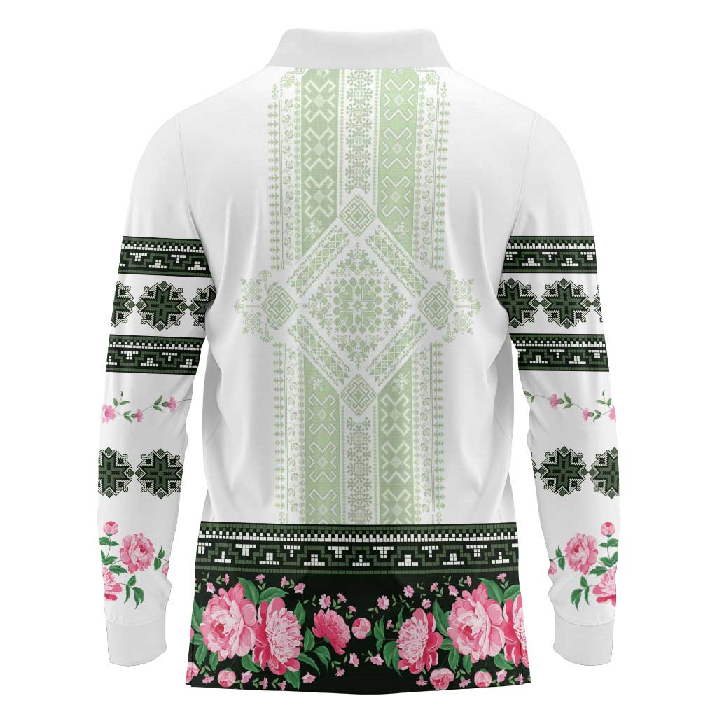Green Romanian National Costume Long Sleeve Polo Shirt Peony Flowers Traditional Folk Pattern - Wonder Print Shop
