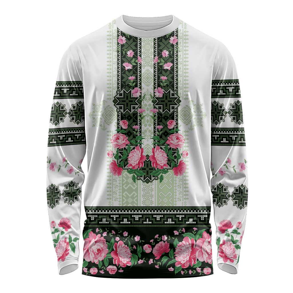 Green Romanian National Costume Long Sleeve Shirt Peony Flowers Traditional Folk Pattern - Wonder Print Shop