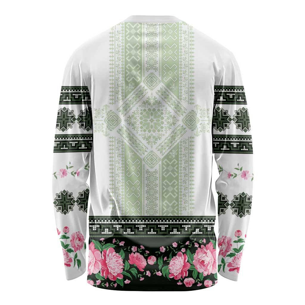 Green Romanian National Costume Long Sleeve Shirt Peony Flowers Traditional Folk Pattern - Wonder Print Shop