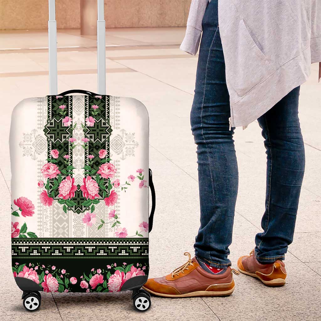 Green Romanian National Costume Luggage Cover Peony Flowers Traditional Folk Pattern - Wonder Print Shop