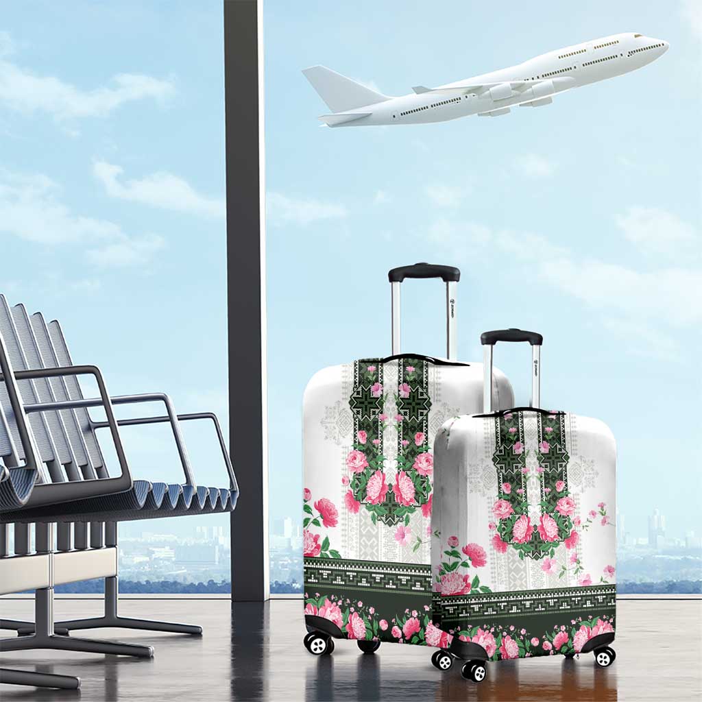 Green Romanian National Costume Luggage Cover Peony Flowers Traditional Folk Pattern - Wonder Print Shop