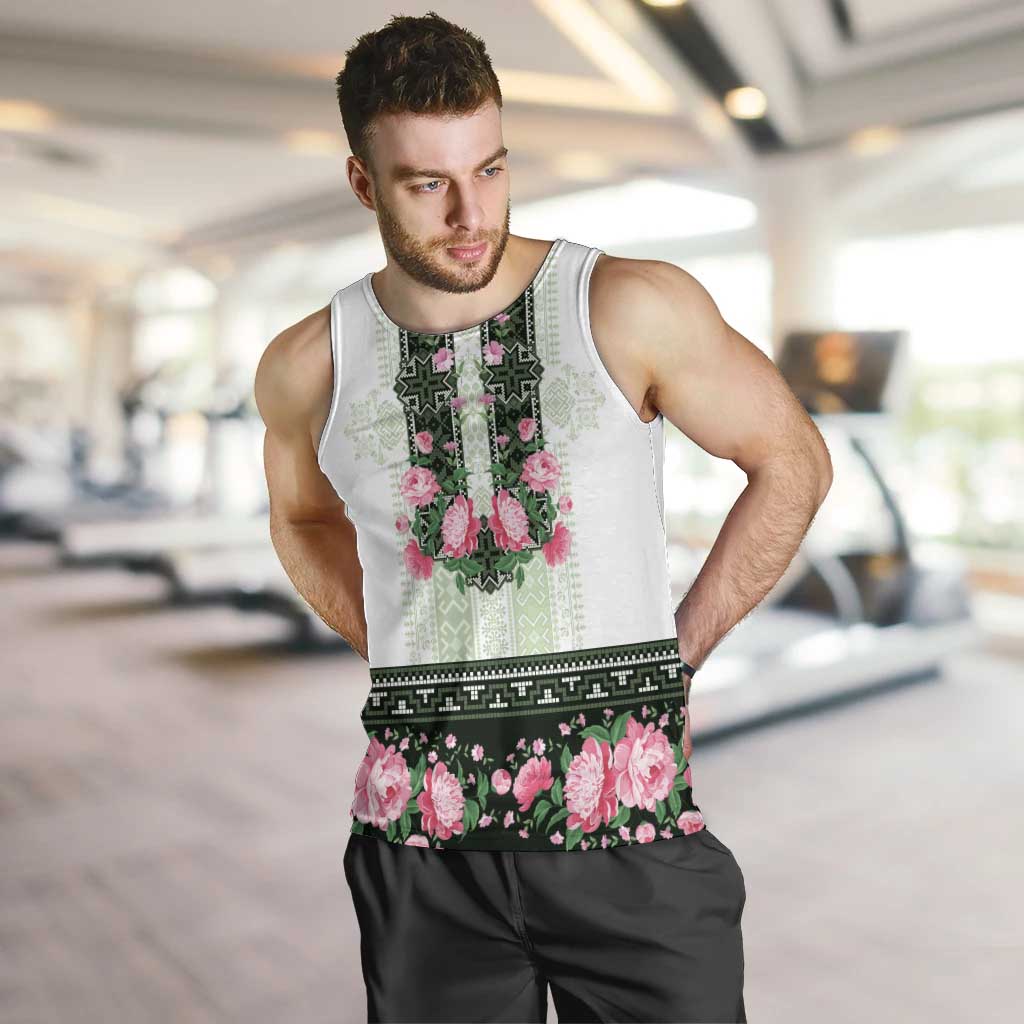 Green Romanian National Costume Men Tank Top Peony Flowers Traditional Folk Pattern - Wonder Print Shop