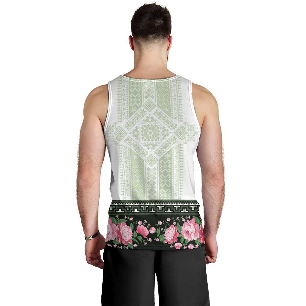 Green Romanian National Costume Men Tank Top Peony Flowers Traditional Folk Pattern - Wonder Print Shop