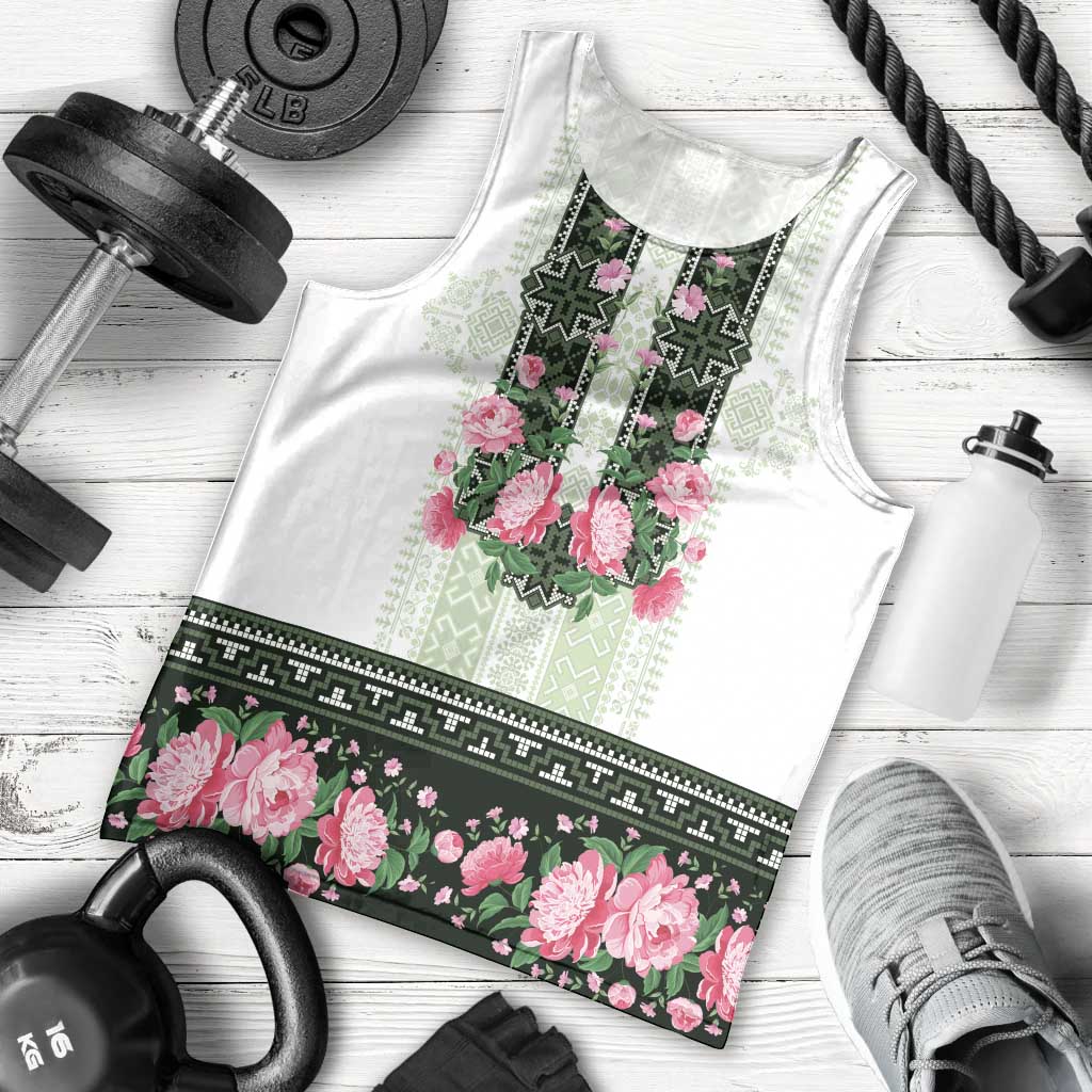 Green Romanian National Costume Men Tank Top Peony Flowers Traditional Folk Pattern - Wonder Print Shop
