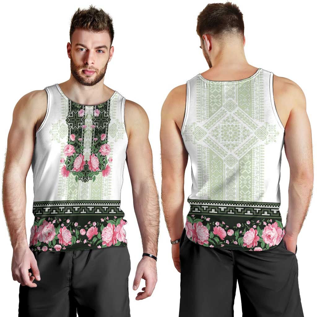 Green Romanian National Costume Men Tank Top Peony Flowers Traditional Folk Pattern - Wonder Print Shop