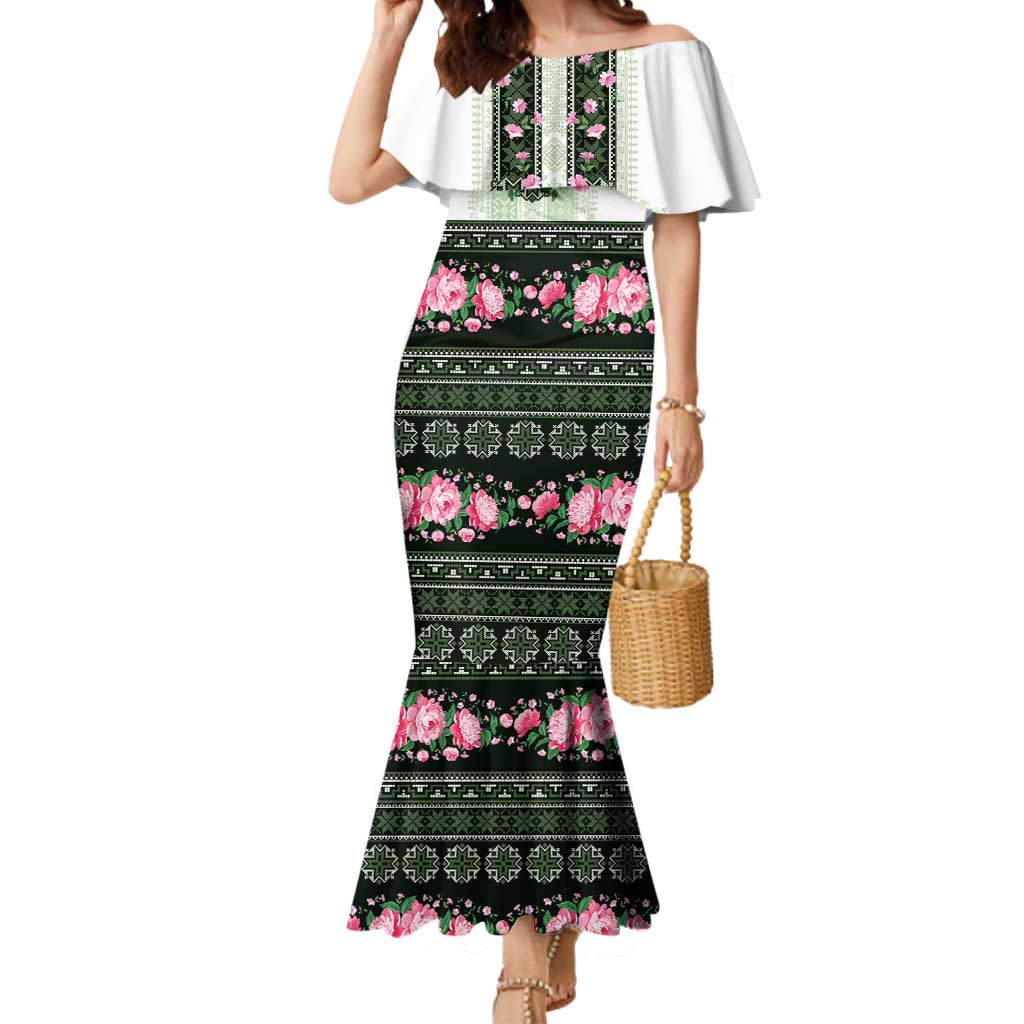 Green Romanian National Costume Mermaid Dress Peony Flowers Traditional Folk Pattern - Wonder Print Shop