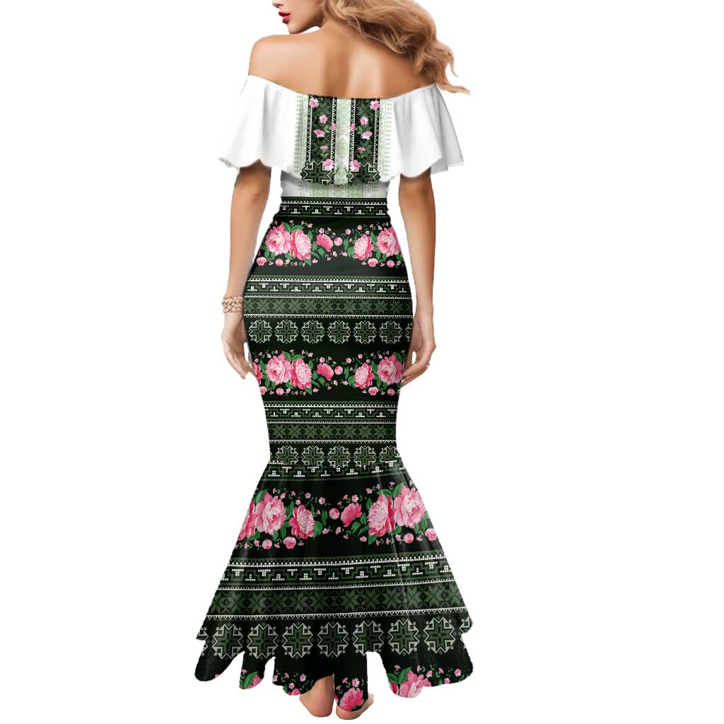 Green Romanian National Costume Mermaid Dress Peony Flowers Traditional Folk Pattern - Wonder Print Shop