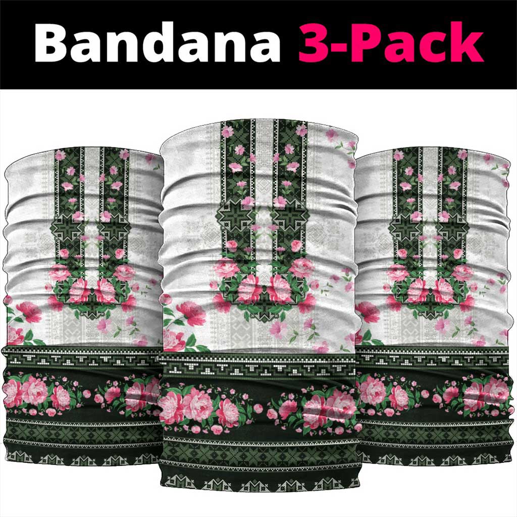 Green Romanian National Costume Neck Gaiter Peony Flowers Traditional Folk Pattern - Wonder Print Shop