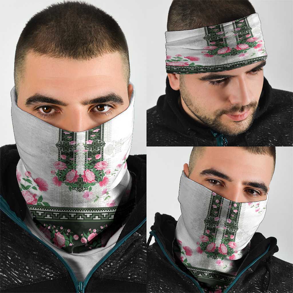 Green Romanian National Costume Neck Gaiter Peony Flowers Traditional Folk Pattern - Wonder Print Shop