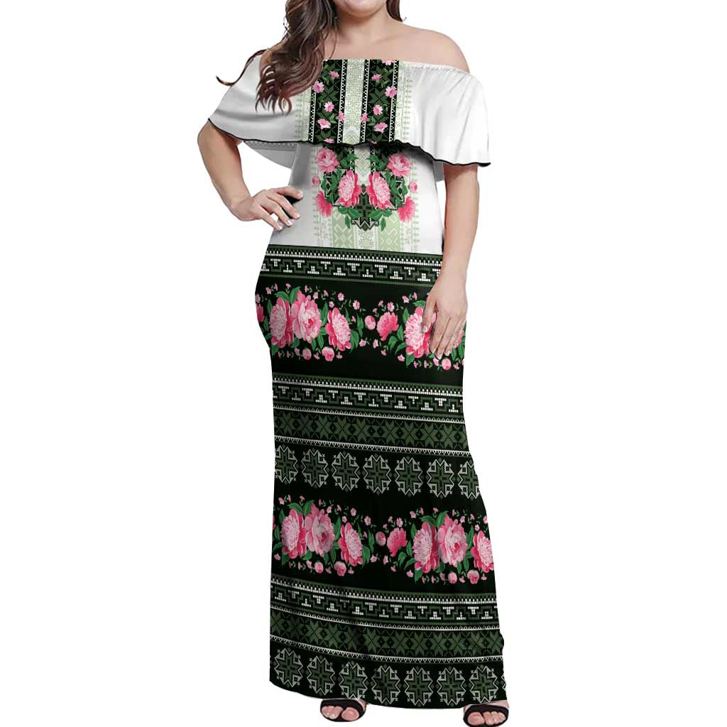 Green Romanian National Costume Off Shoulder Maxi Dress Peony Flowers Traditional Folk Pattern - Wonder Print Shop
