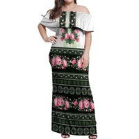 Green Romanian National Costume Off Shoulder Maxi Dress Peony Flowers Traditional Folk Pattern - Wonder Print Shop