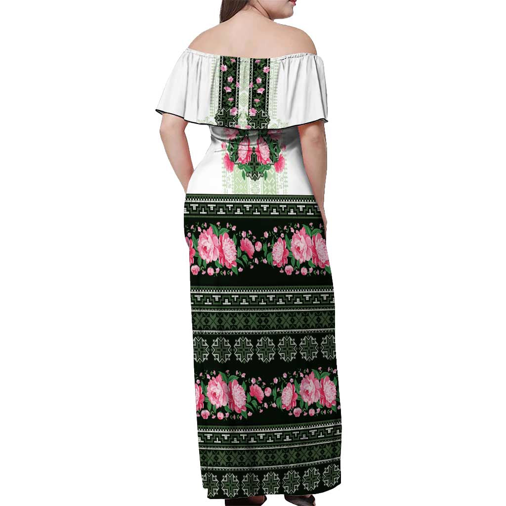 Green Romanian National Costume Off Shoulder Maxi Dress Peony Flowers Traditional Folk Pattern - Wonder Print Shop