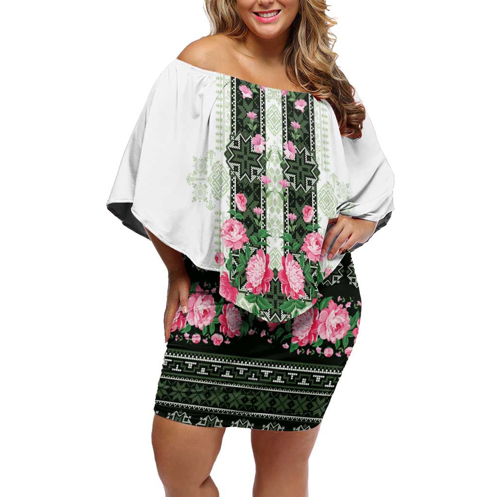 Green Romanian National Costume Off Shoulder Short Dress Peony Flowers Traditional Folk Pattern - Wonder Print Shop