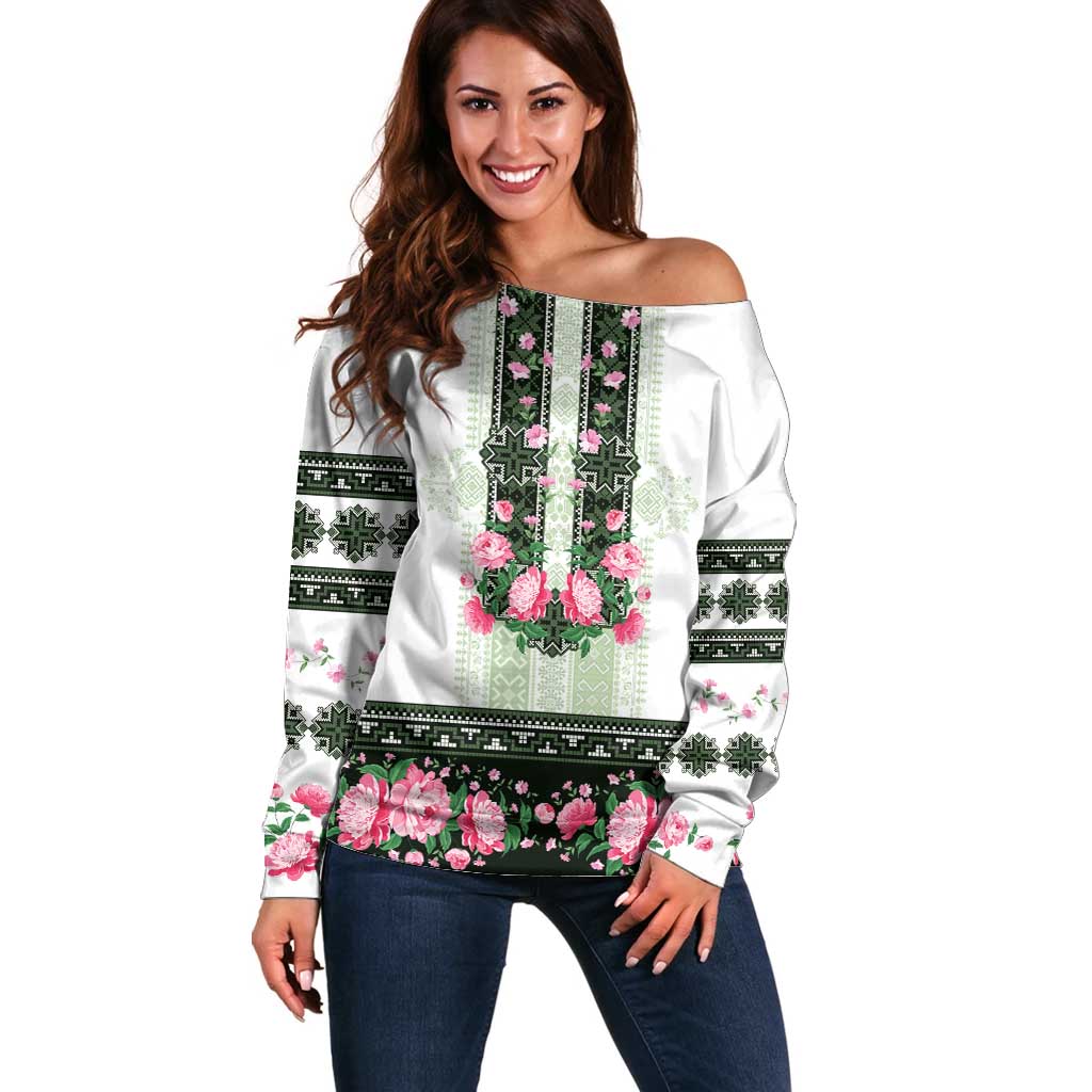 Green Romanian National Costume Off Shoulder Sweater Peony Flowers Traditional Folk Pattern - Wonder Print Shop