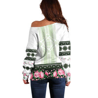Green Romanian National Costume Off Shoulder Sweater Peony Flowers Traditional Folk Pattern - Wonder Print Shop