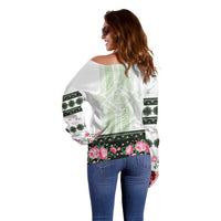 Green Romanian National Costume Off Shoulder Sweater Peony Flowers Traditional Folk Pattern - Wonder Print Shop