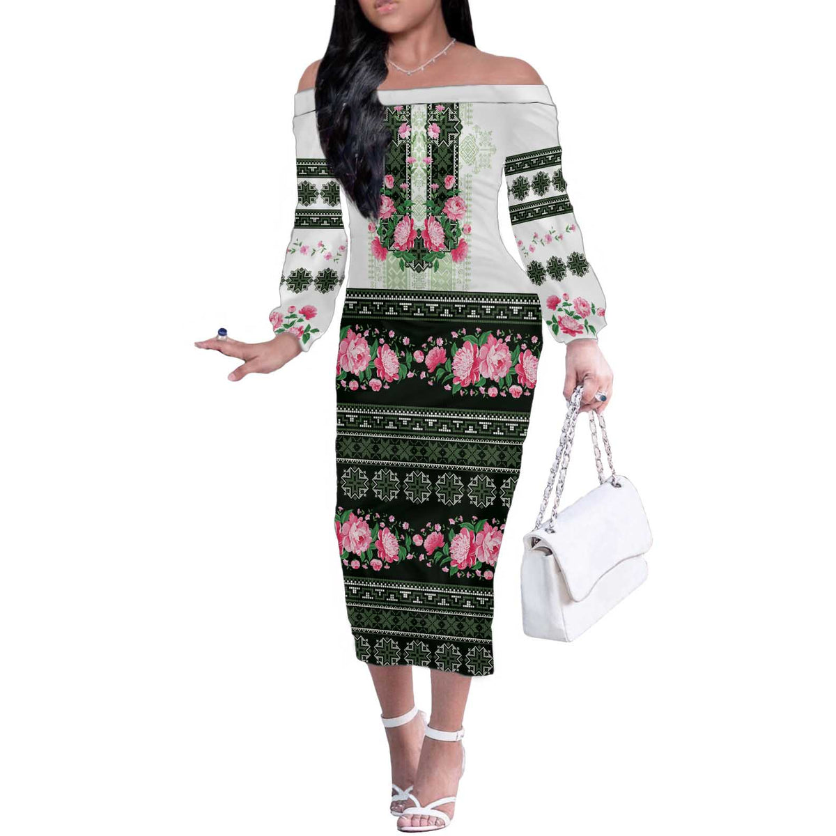 Green Romanian National Costume Off The Shoulder Long Sleeve Dress Peony Flowers Traditional Folk Pattern - Wonder Print Shop