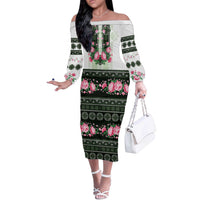 Green Romanian National Costume Off The Shoulder Long Sleeve Dress Peony Flowers Traditional Folk Pattern - Wonder Print Shop