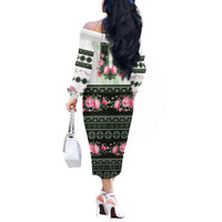 Green Romanian National Costume Off The Shoulder Long Sleeve Dress Peony Flowers Traditional Folk Pattern - Wonder Print Shop