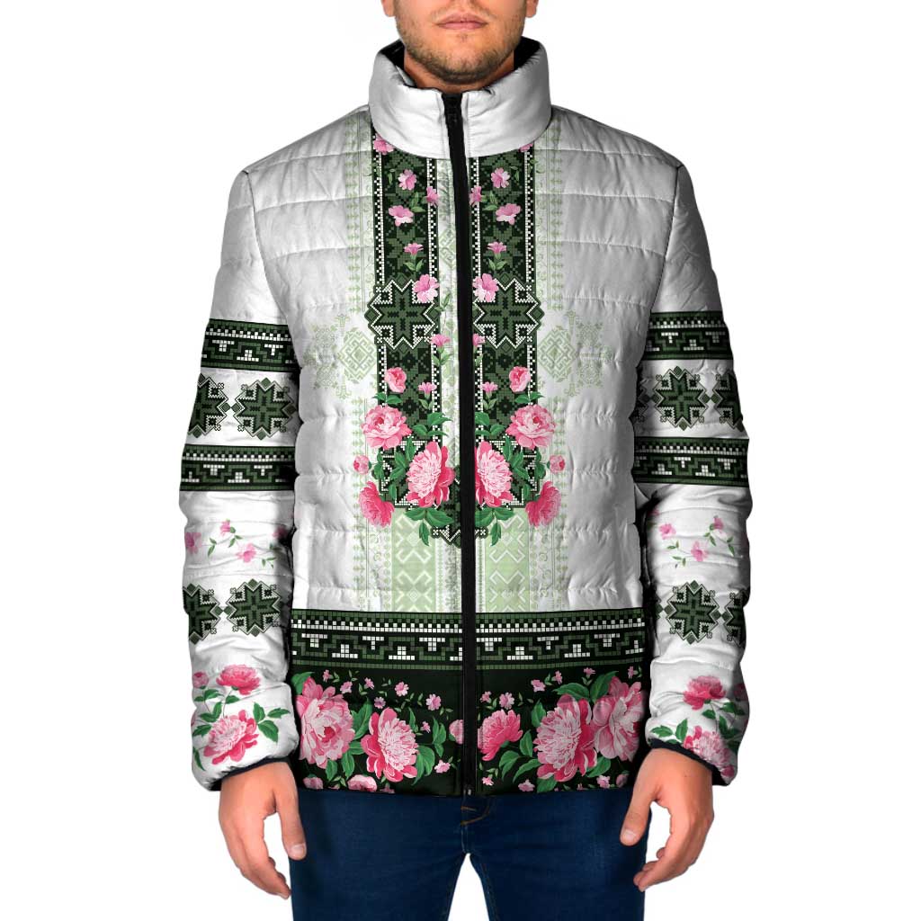 Green Romanian National Costume Padded Jacket Peony Flowers Traditional Folk Pattern - Wonder Print Shop