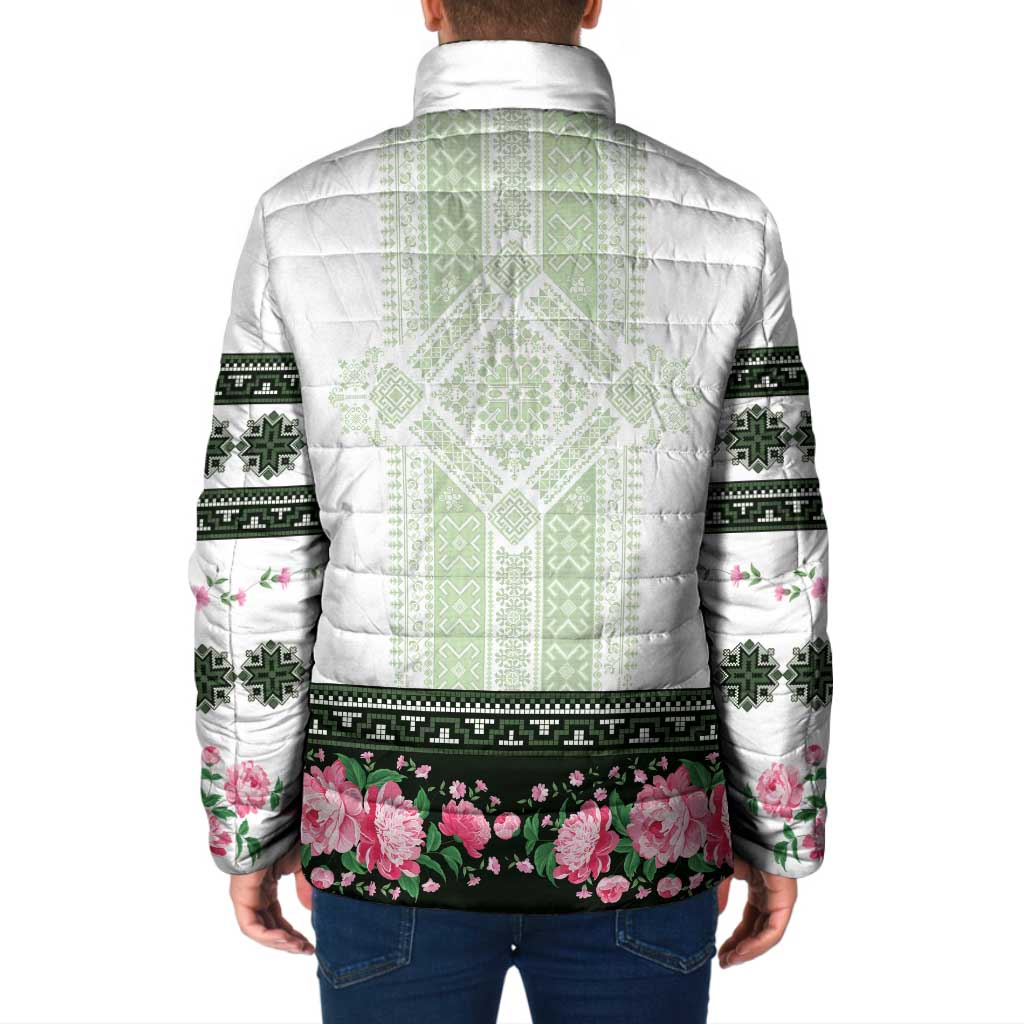 Green Romanian National Costume Padded Jacket Peony Flowers Traditional Folk Pattern - Wonder Print Shop