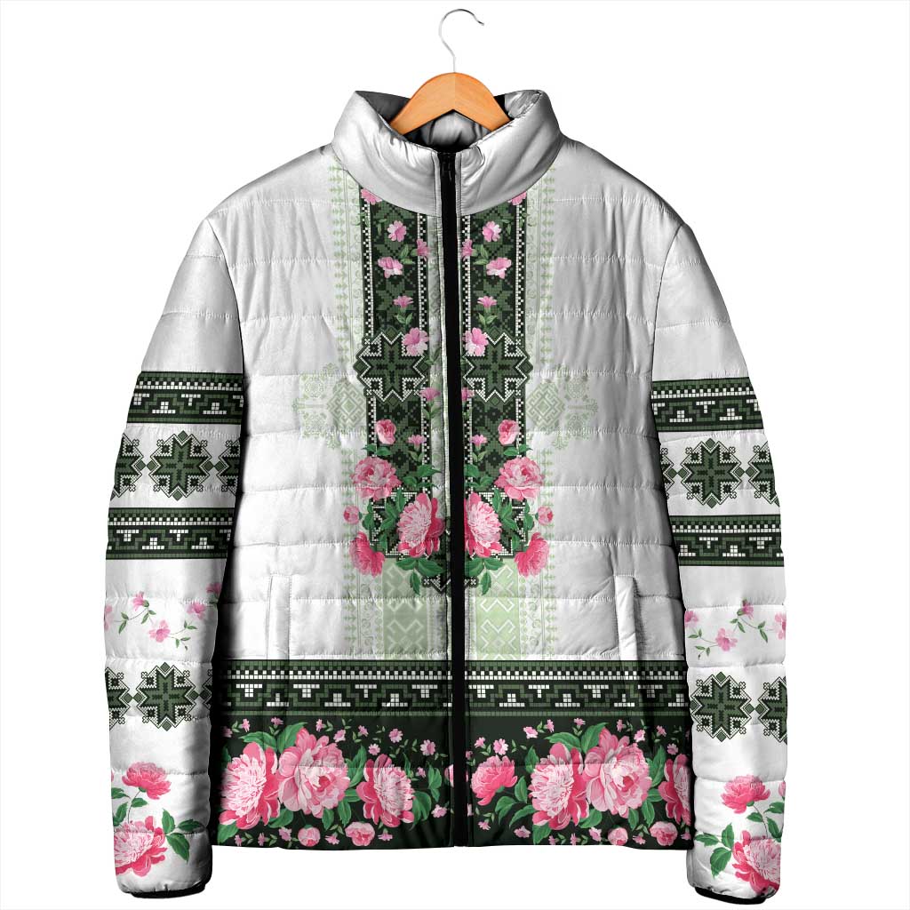 Green Romanian National Costume Padded Jacket Peony Flowers Traditional Folk Pattern - Wonder Print Shop