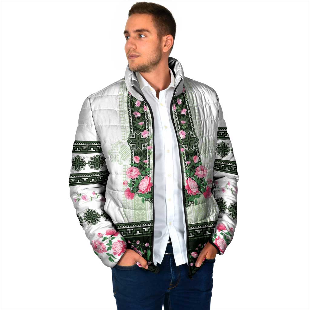Green Romanian National Costume Padded Jacket Peony Flowers Traditional Folk Pattern - Wonder Print Shop