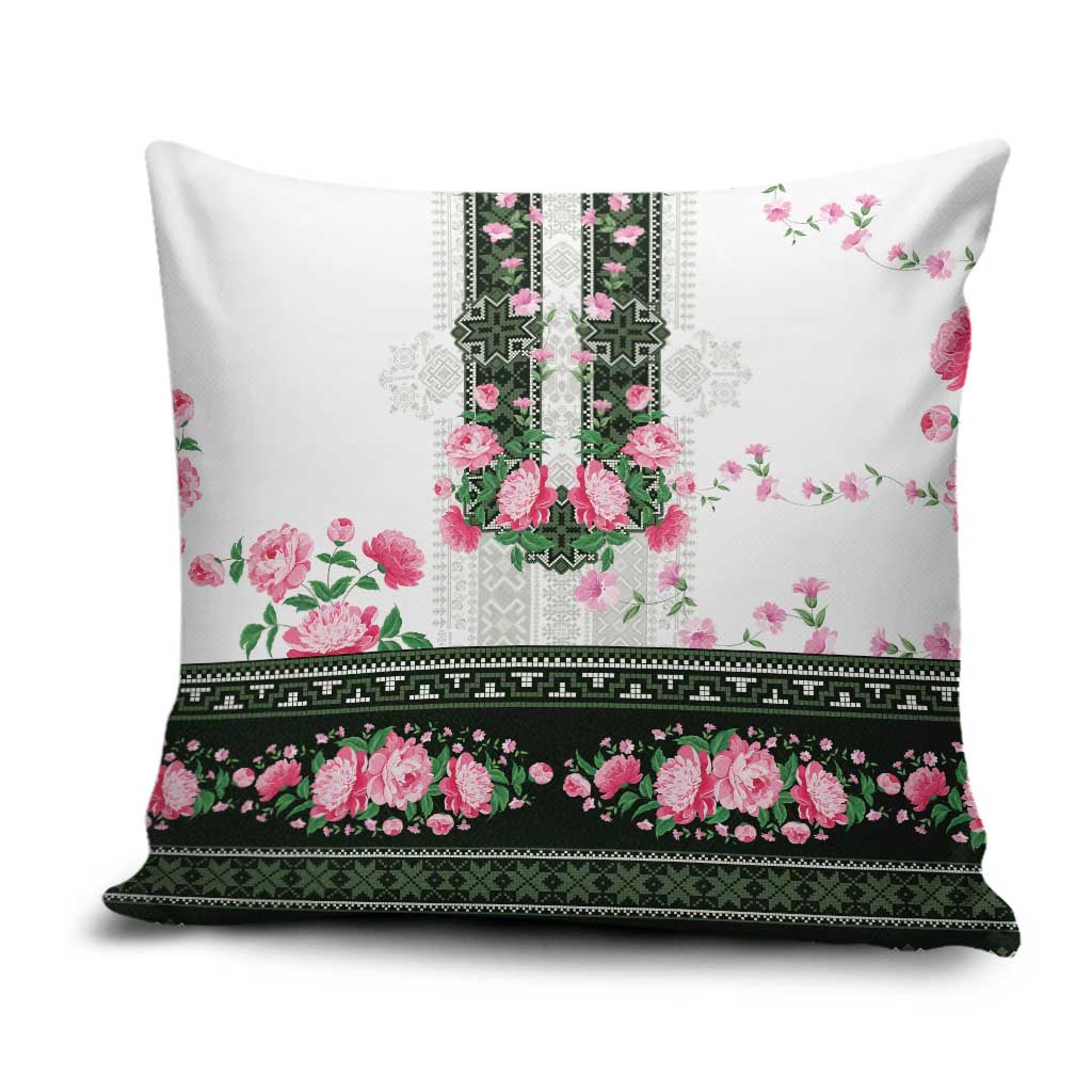 Green Romanian National Costume Pillow Cover Peony Flowers Traditional Folk Pattern - Wonder Print Shop