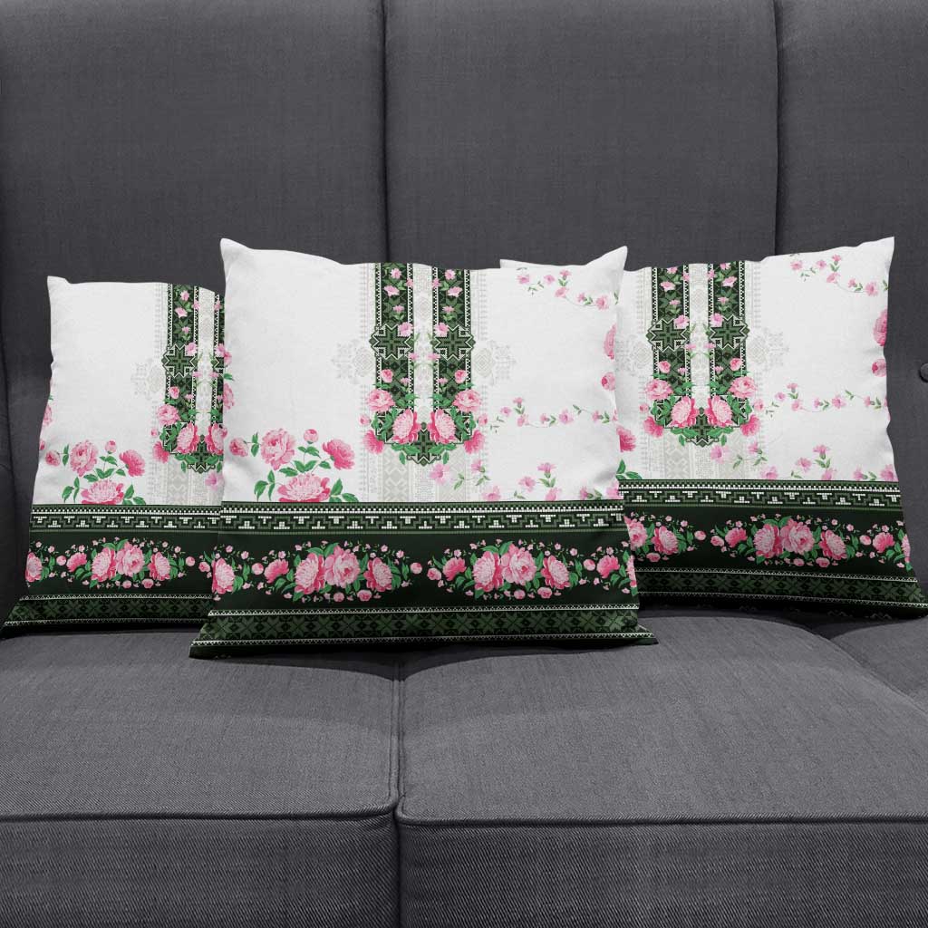 Green Romanian National Costume Pillow Cover Peony Flowers Traditional Folk Pattern - Wonder Print Shop