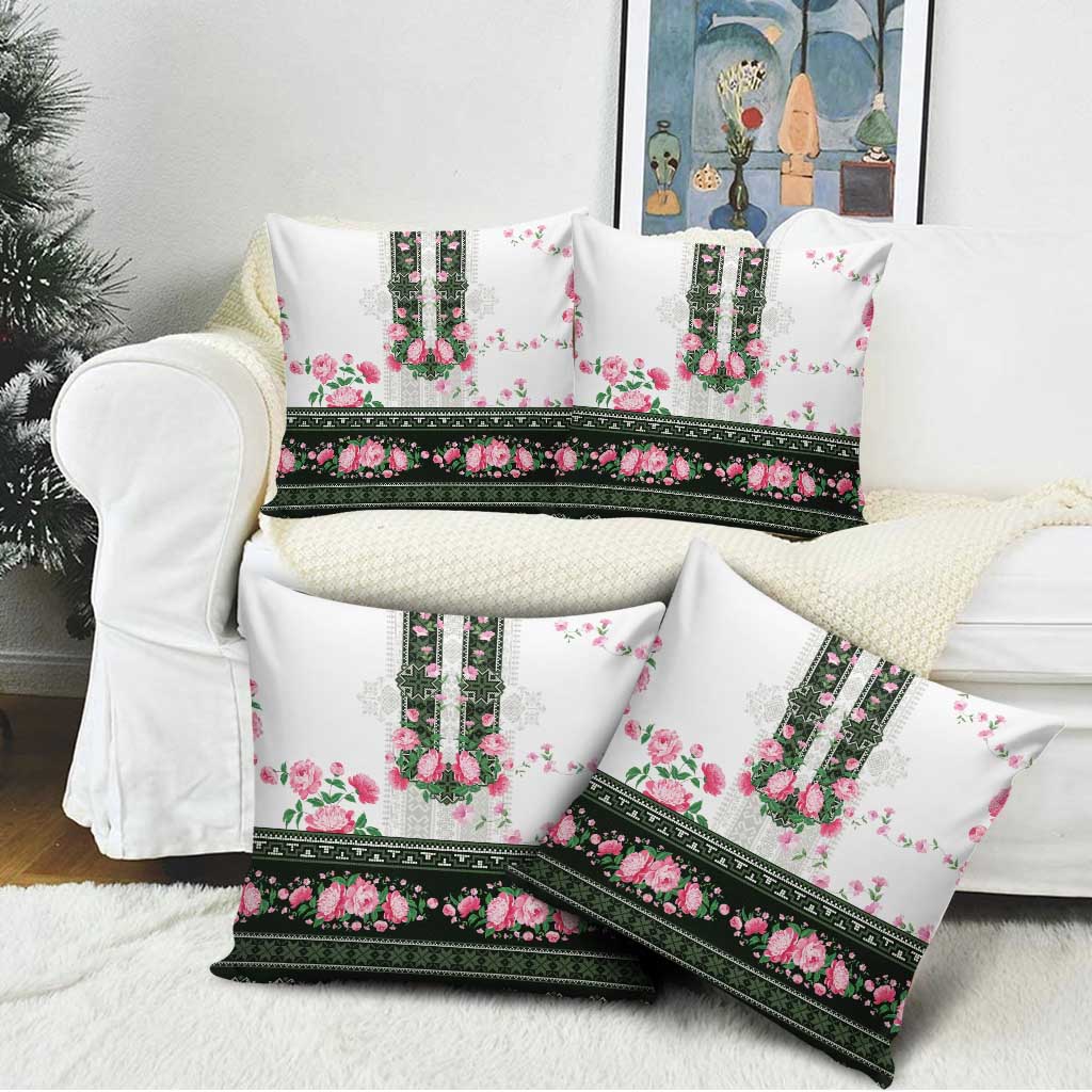Green Romanian National Costume Pillow Cover Peony Flowers Traditional Folk Pattern - Wonder Print Shop