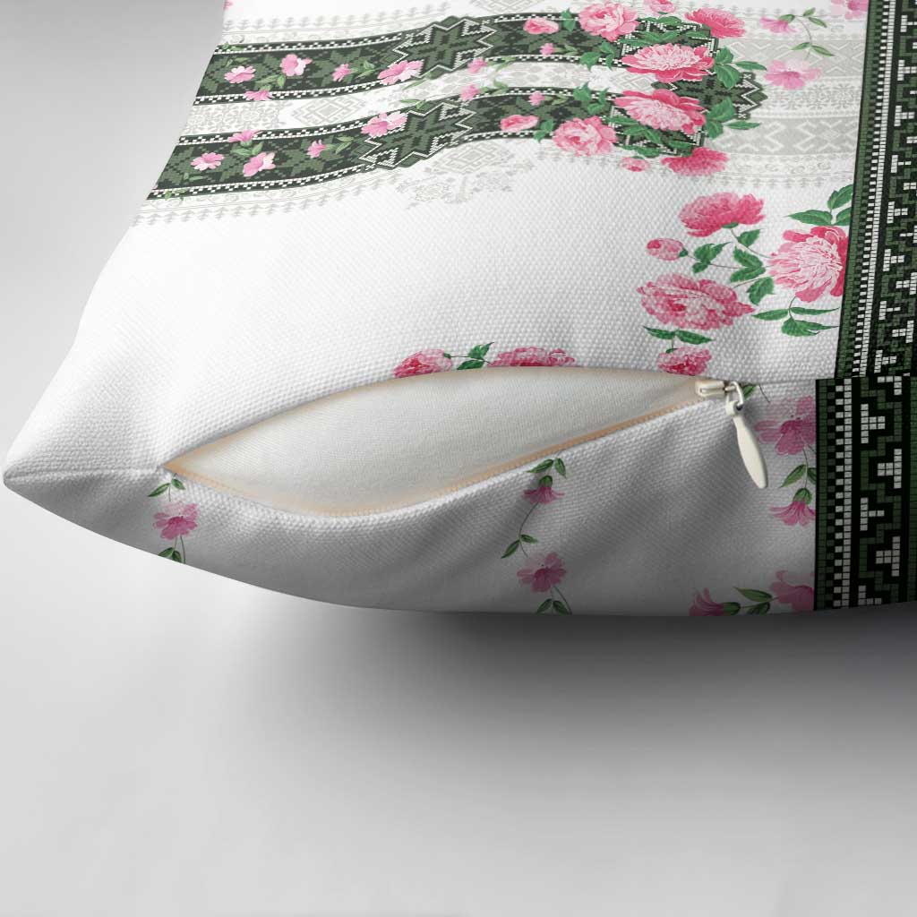 Green Romanian National Costume Pillow Cover Peony Flowers Traditional Folk Pattern - Wonder Print Shop