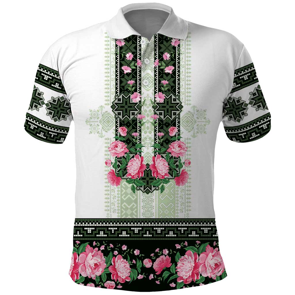 Green Romanian National Costume Polo Shirt Peony Flowers Traditional Folk Pattern - Wonder Print Shop
