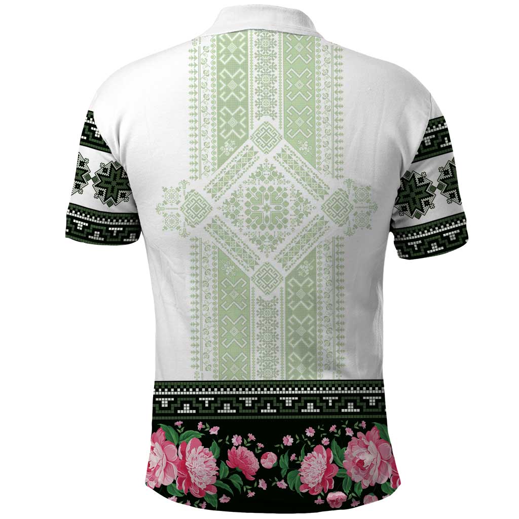 Green Romanian National Costume Polo Shirt Peony Flowers Traditional Folk Pattern - Wonder Print Shop